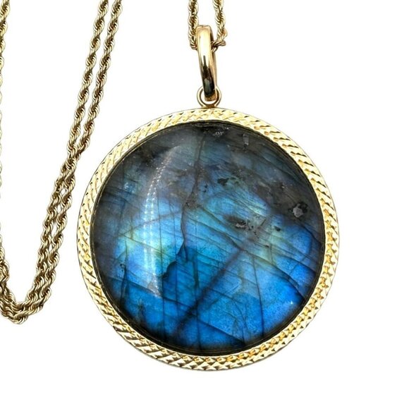 Milor Italy Necklace Solid 14k Yellow Gold Labradorite Pendant 20" Chain 20 Gram - Picture 5 of 9